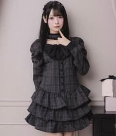 pium ピウム フロントリボンチョーカーティアードミニワンピ ブラックチェックのサムネイル