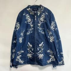 デニムアンドカンパニー 花柄刺繍 ノーカラー ジャケット 長袖 M 紺 綿のサムネイル