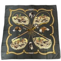 【美品】エルメス カレ90 シルクスカーフ 猟犬 ル レッセ クール グレー ② 美品】エルメス カレ90 シルクスカーフ 猟犬 ル レッセ クール グレー