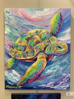 カラフルなウミガメの原画　大作　F15号キャンバス　現代アート　一点もの　絵画
