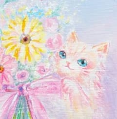 「春の贈りもの」猫　原画 花 2Lサイズ額付き ミニアート アクリル画 一点もののサムネイル