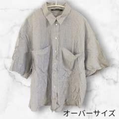 トップス　Tシャツ　半袖　青　白　ストライプ　古着　襟付き　オーバーサイズのサムネイル