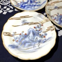 骨董 明治前期伊万里焼 染付に金彩色絵 紅葉に夫婦鹿文 五寸輪花皿上手