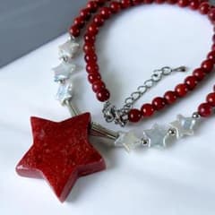 美品✨赤珊瑚＆マザーオブパール スターモチーフ ネックレス 大ぶり 星 