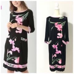 近年美品 LEONARD レオナール カンカン ストレッチ ワンピース 44