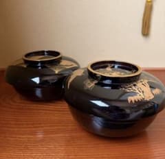 漆器 菓子器 喰籠 2客 セット 扇面 松鶴蒔絵 漆塗り 蓋付き 煮物椀