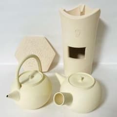 希少 煎茶道具 平安春峰 白泥 涼炉・茶銚・涼炉台 4点セット 京焼 骨董