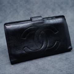 CHANEL 샤넬 캐비어 스킨 코코 마크 가마구치 긴 지갑 블랙