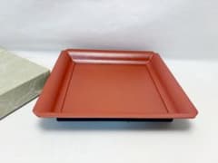 未使用 茶道具 天然木製 朱叩塗 裏青漆 若狹盆 干菓子器 四方盆 茶道