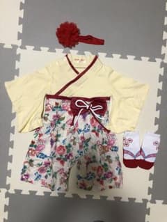 訳あり 3点セット 70女の子 赤ピンク 袴ロンパース 靴下 ヘアバンドのサムネイル