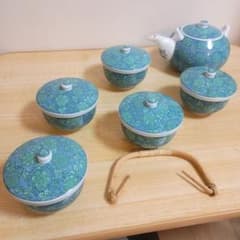 新品】美濃焼 庫山窯 青華緑彩 急須 蓋付湯呑 5客 茶器揃え 唐草 伝統