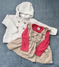サイズ80 おまとめ3点(ベージュ フード付きカーディガン＆ワンピースセット)のサムネイル