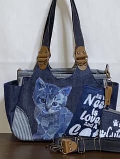 岡山デニム☆ネコ☆パッチ☆リュック対応☆Sサイズ☆4wayあおりバッグ