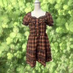 LIZLISA 森ガール 00sチェック柄 フリルブラウン オフショルダー 森ガール フェアリーグランジ 00s チェック柄半袖レース フリルミニ
