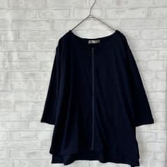 【シューラルー】ネイビー 五分袖フルジップトップス 透け感あり a2934