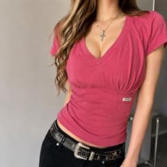 00s PRADA プラダ ピチT VネックTシャツ ピンク S y2k ギャル 00s PRADA プラダ ピチT VネックTシャツ ピンク S y2k ギャル - メルカリ