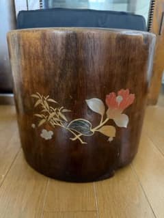 明治時代 桐製 手炙り火鉢 蒔絵・螺鈿細工 梅・椿・竹・南天文様 銅落とし付きのサムネイル