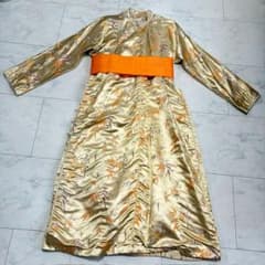 美品★モンゴル民族衣装 シルクデール 女性用 ゴールド、オレンジ ベルト付 美品☆モンゴル民族衣装 シルクデール 女性用 ゴールド、オレンジ