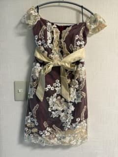S ボルドー 花柄刺繍 オフショルダー ミニドレス