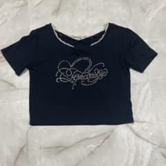 半袖 Tシャツ ショート丈 ネイビー レース クロスデザイン ラインストーンのサムネイル