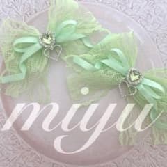 ヘアクリップ（レースリボン♡きらきらダブルチャーム） 推し 黄緑