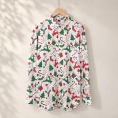 90s vintage 長袖柄シャツ ホワイト クリスマス柄 レトロ イベントのサムネイル