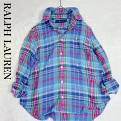 美品】ラルフローレン リネンマドラスチェック 長袖シャツ M ポニー