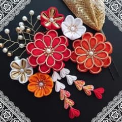 つまみ細工髪飾り 成人式 七五三(金縁赤オレンジ) - 5