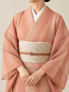着物 袷 ぼかし染め サーモンピンク系　紬　身丈165.5 裄65.5のサムネイル