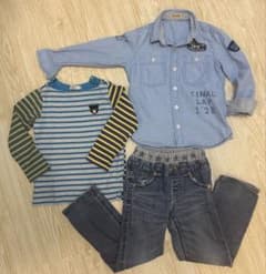 ミキハウス ダブルビー 長袖シャツ、デニムパンツ、カットソー3点セット 110のサムネイル