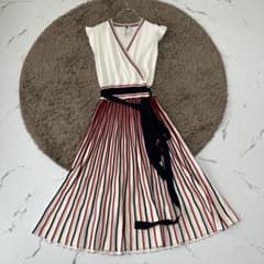 Sov.✨サマーニットワンピース　トリコロール　プリーツ　カシュクールストライプ Sov.✨サマーニットワンピース トリコロール プリーツ カシュクール