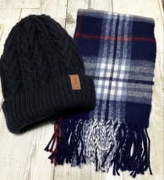 ニット帽＆チェックマフラー セット ネイビー系 秋冬 - メルカリ