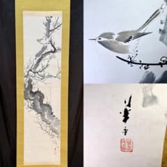真作 小春 梅花小鳥図 肉筆 落款 掛軸 花鳥画 古木 白梅 E113 - メルカリ