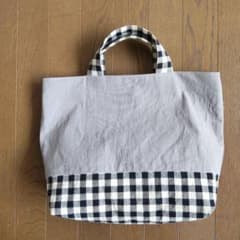 綿麻先染めワッシャー加工ハンドメイド チェック切り替えトートバッグのサムネイル