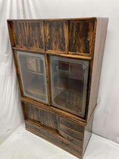 茶箪笥 黒柿張り 手描き襖 水屋箪笥 飾り棚 茶棚 古家具 杢目 木製 