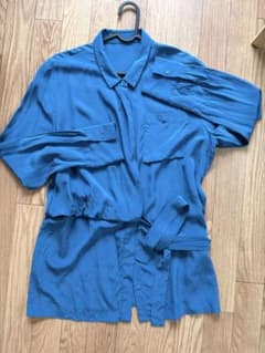 CELINE シルク100% シャツ ブラウス XL ベルト付き ブルー 美品のサムネイル