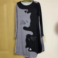 SHEIN 猫柄 長袖 チュニック グレー/ブラック S