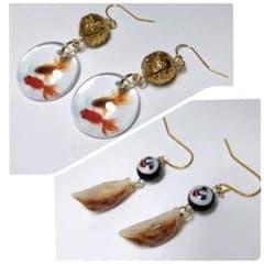 金魚のガラスとすかしビーズのサマーピアス＆ミニチュア餃子&ミルフィオリお顔ピアスのサムネイル