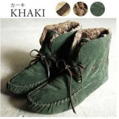 カーキ　もこもこファーモカシン 2WAY ショートブーツのサムネイル