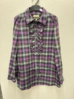 NAVE 체크 무늬 프릴 긴팔 셔츠 블라우스 퍼플 계