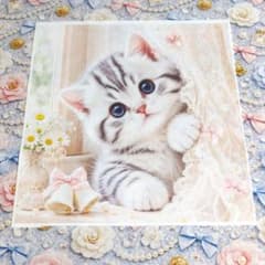 未使用 可愛い猫ちゃんパネル生地＆デニム風カメリア花リボンパール柄