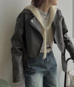フェイクレザー ライダースジャケット ショート丈 カーキ - 3