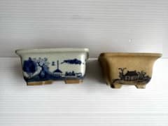 大山陶苑 ミニ盆栽鉢 2点セット 青絵家屋文 角型 昭和レトロ 陶印あり