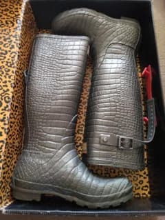 【ほぼ未使用】ジミーチュウ×ハンター　クロコ型押し　ブーツ　レディース　23cm レア☆ジミーチュウ×ハンター☆クロコ型押しロングレインブーツ長靴