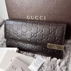 美品　GUCCI シマ　ロゴプレート　ダークブラウン　フラップ長財布 極美品 GUCCI シマ ロゴプレート ダークブラウン フラップ長財布
