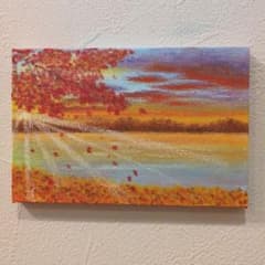 【原画：10×15cm】 暮れゆく湖畔　オイルパステル画　キャンバス画 原画：10×15cm】 秋の湖畔の夕暮れ オイルパステル画 キャンバス画