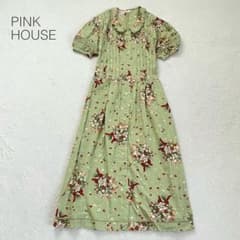 【ピンクハウス】ガーリーワンピース 半袖 パフ袖 フリル襟 総柄 花柄 綿100 ピンクハウス】ガーリーワンピース 半袖 パフ袖 フリル襟 総柄 花柄 綿