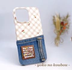 【オーダー】iPhoneケース さくらんぼとくすみピンクのギンガム柄 × デニムのサムネイル