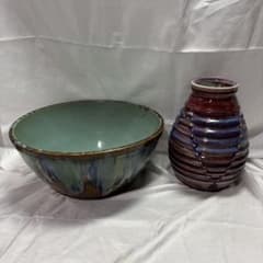 【個性派陶器2点セット】大鉢＆花瓶 花器 流し釉 壺 鉢 インテリア 和モダンのサムネイル