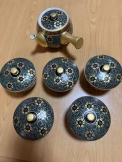 未使用・共箱付】九谷焼 清峰 蓋付茶器セット 青粒鉄仙 急須 湯呑5客